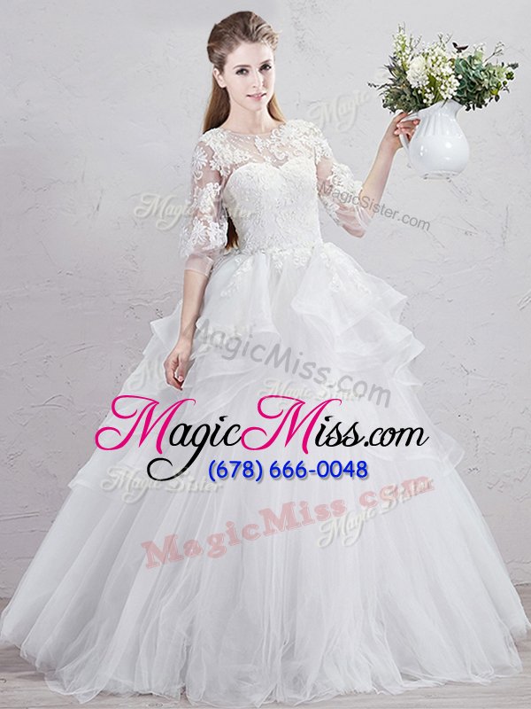 wholesale captivating with train white wedding dress scoop half sleeves brush train lace up