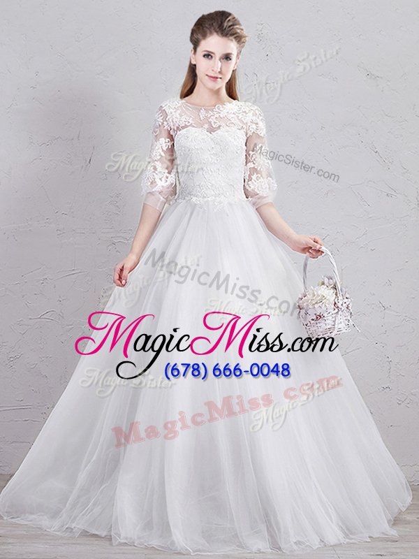 wholesale fabulous scoop half sleeves tulle floor length lace up bridal gown in white for with lace and appliques