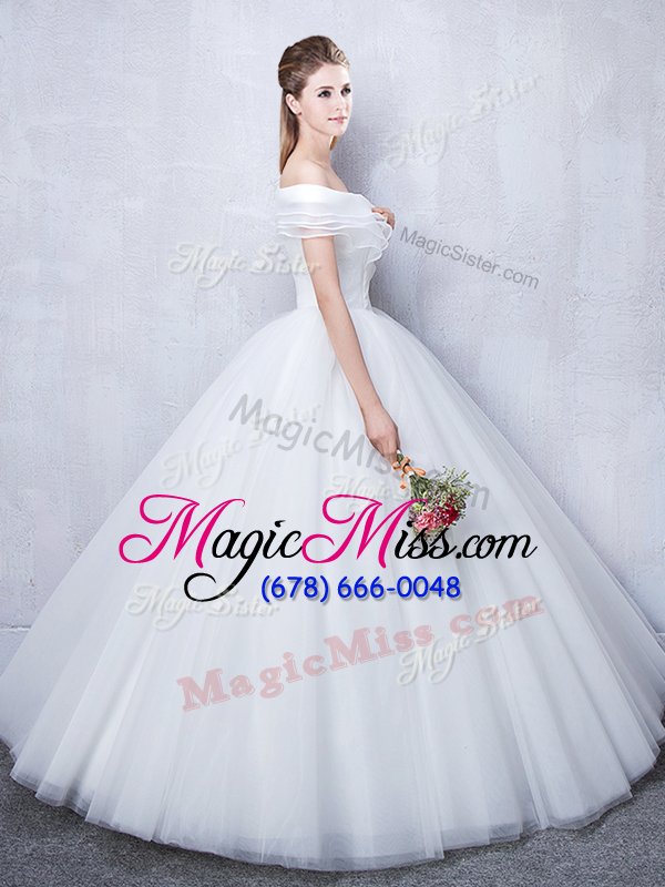 wholesale ruffled off the shoulder short sleeves tulle wedding gown ruching lace up