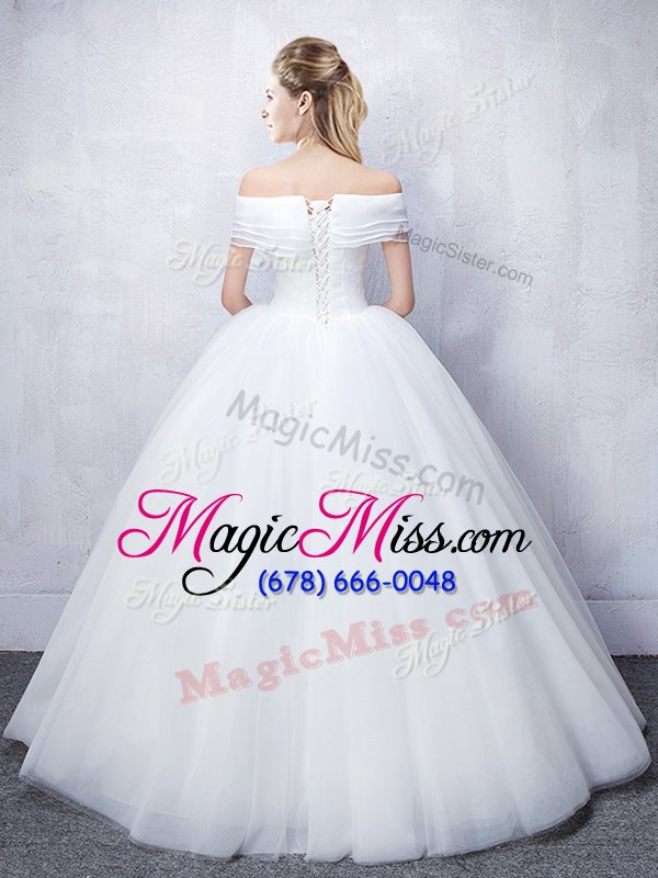 wholesale ruffled off the shoulder short sleeves tulle wedding gown ruching lace up