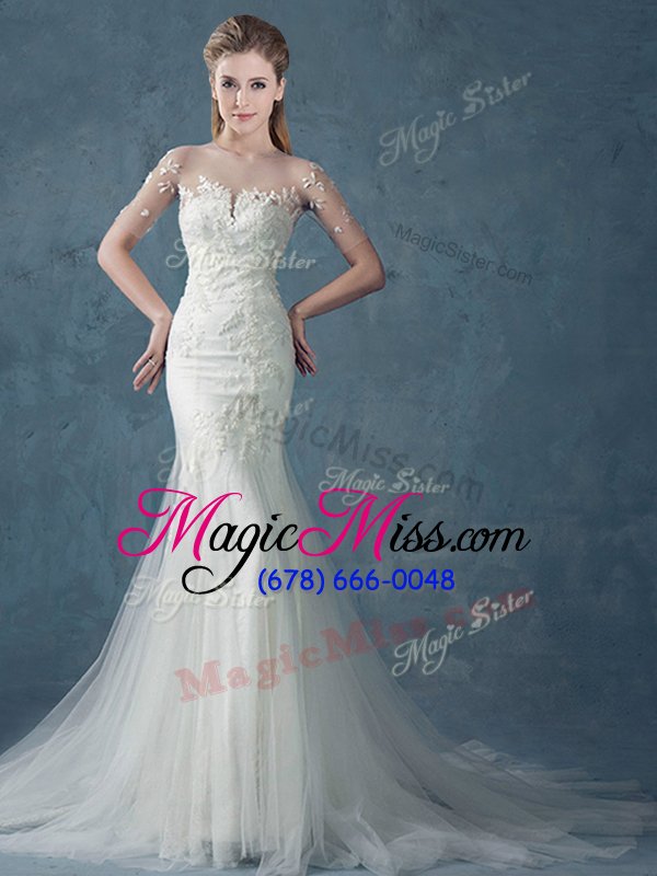 wholesale excellent scoop white mermaid appliques wedding dress lace up tulle half sleeves with train