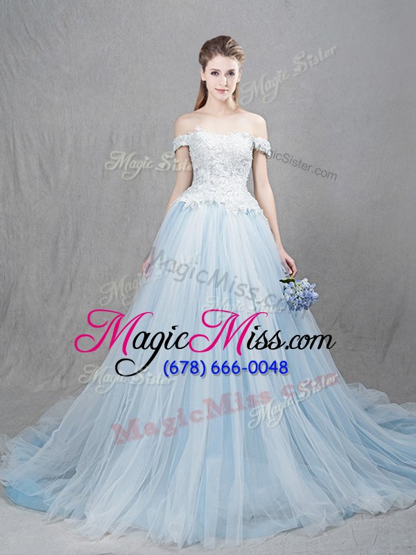 wholesale fashion off the shoulder with train light blue wedding gowns tulle chapel train sleeveless appliques
