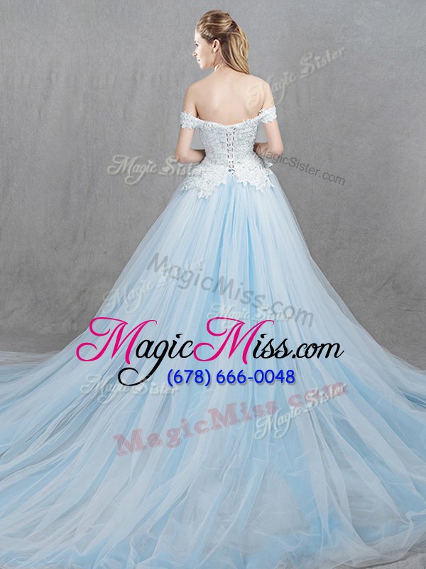 wholesale fashion off the shoulder with train light blue wedding gowns tulle chapel train sleeveless appliques