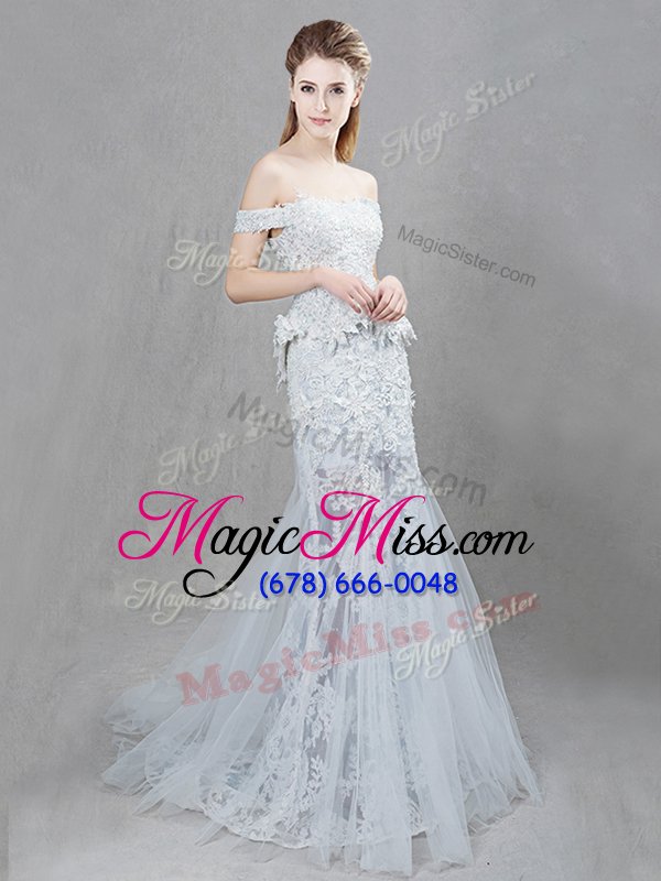 wholesale edgy off the shoulder with train mermaid sleeveless white bridal gown brush train lace up