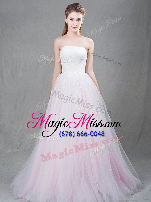 wholesale unique strapless sleeveless wedding dresses with brush train appliques pink tulle