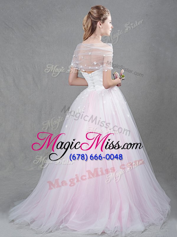 wholesale unique strapless sleeveless wedding dresses with brush train appliques pink tulle