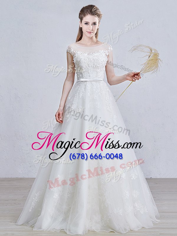 wholesale flirting scoop short sleeves tulle wedding dresses appliques lace up