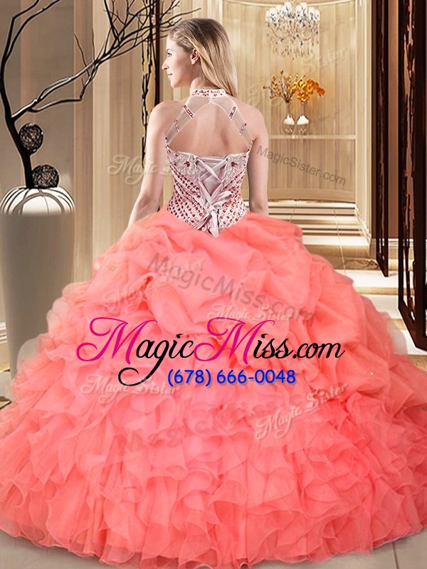 wholesale hot selling hot pink ball gowns organza halter top sleeveless beading and ruffles and pick ups floor length lace up quince ball gowns
