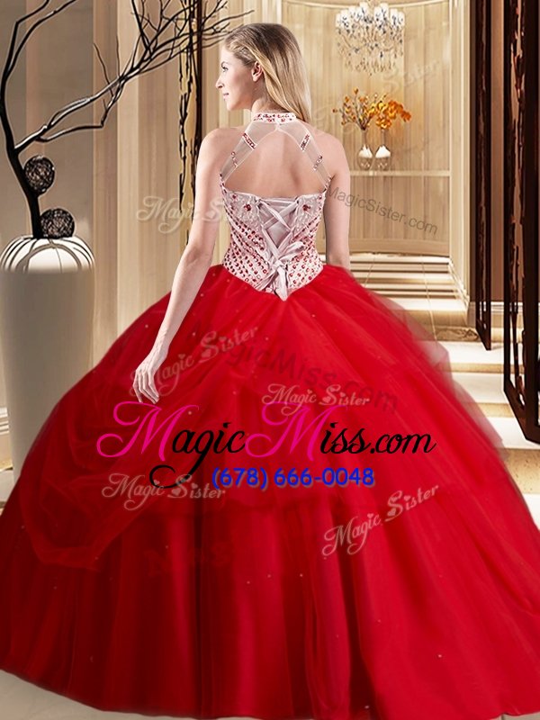 wholesale hot selling halter top tulle sleeveless with train sweet 16 dresses brush train and beading and pick ups