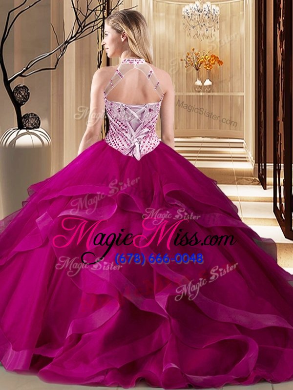 wholesale amazing halter top blue tulle lace up quinceanera dresses sleeveless with brush train beading and ruffles