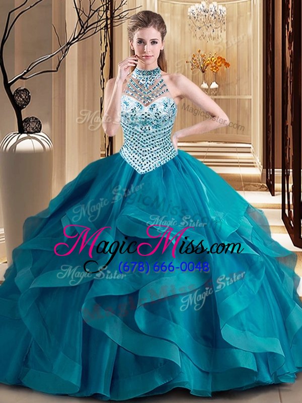 wholesale super halter top sleeveless with train beading and ruffles lace up quinceanera dresses with teal brush train