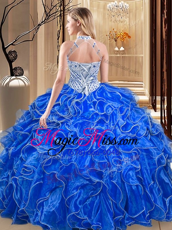 wholesale customized ball gowns organza halter top sleeveless beading and ruffles floor length lace up quinceanera dresses