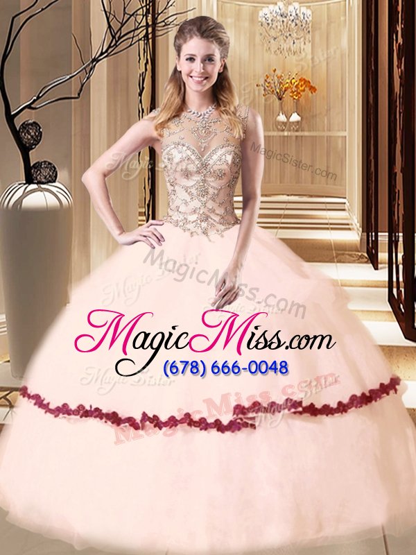 wholesale glamorous scoop pink tulle lace up quinceanera dresses sleeveless floor length beading and appliques