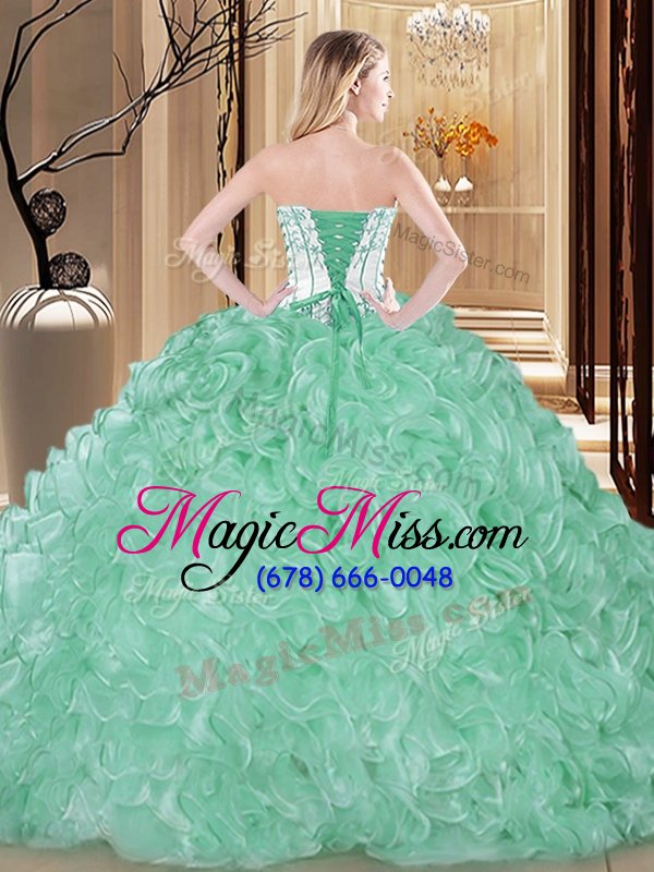 wholesale designer white and green sleeveless floor length embroidery and ruffles lace up sweet 16 dress