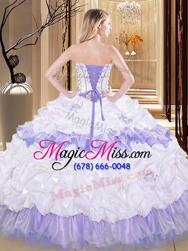 wholesale lovely floor length lace up ball gown prom dress white and purple and in for military ball and sweet 16 and quinceanera with embroidery and ruffled layers