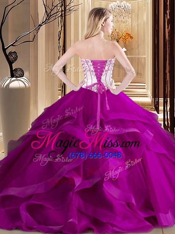 wholesale elegant floor length ball gowns sleeveless white and fuchsia 15 quinceanera dress lace up