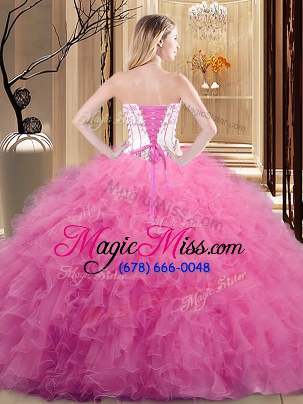wholesale hot selling strapless sleeveless 15th birthday dress floor length embroidery white and rose pink tulle