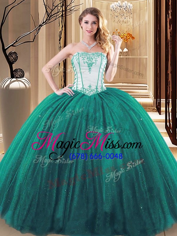wholesale customized green and olive green ball gowns strapless sleeveless tulle and sequined floor length lace up embroidery ball gown prom dress