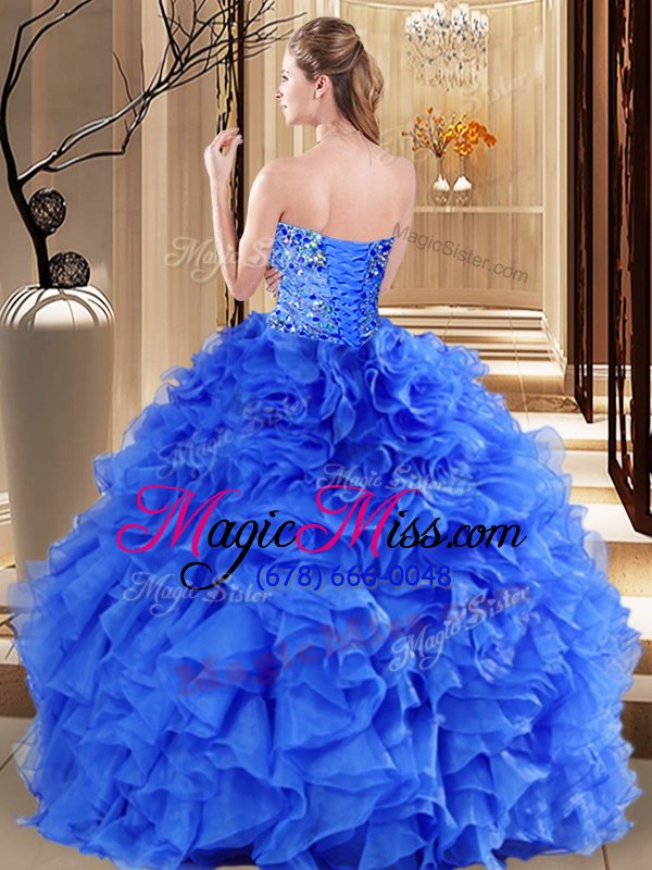 wholesale modest royal blue lace up quince ball gowns beading and ruffles sleeveless floor length