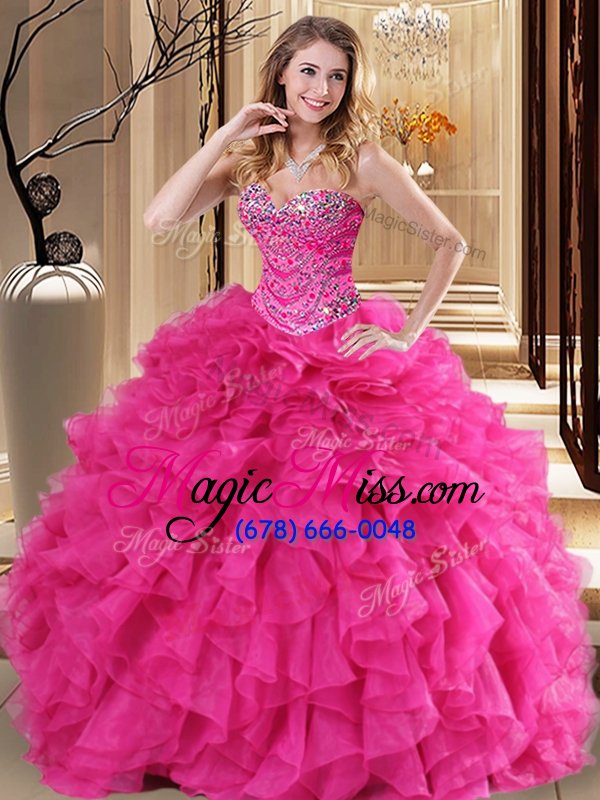 wholesale latest hot pink sleeveless organza lace up quinceanera dress for military ball and sweet 16 and quinceanera