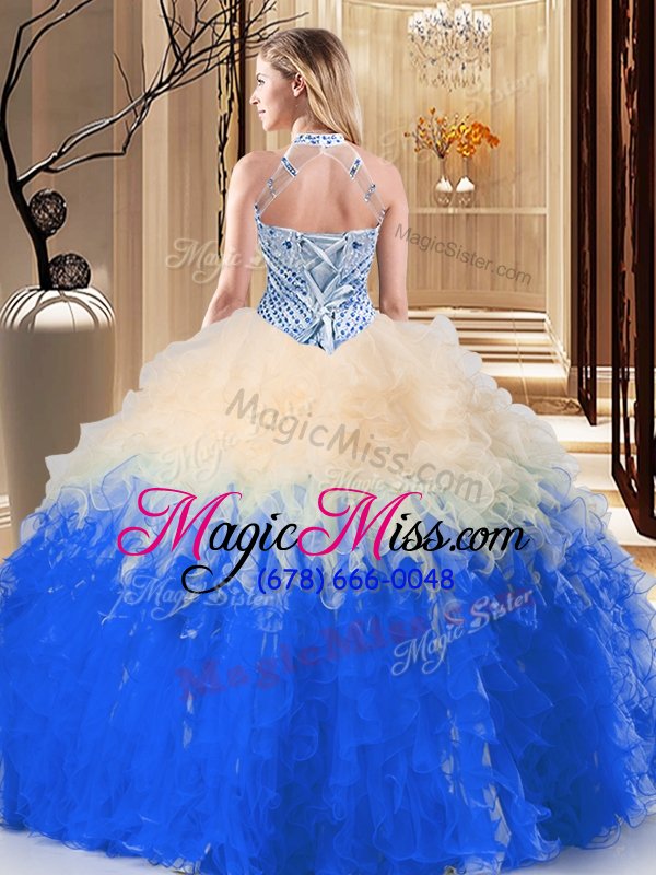 wholesale inexpensive halter top sleeveless lace up quinceanera gown multi-color tulle