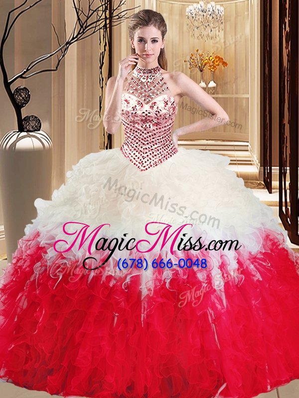 wholesale classical halter top floor length white and red sweet 16 dresses tulle sleeveless beading and ruffles
