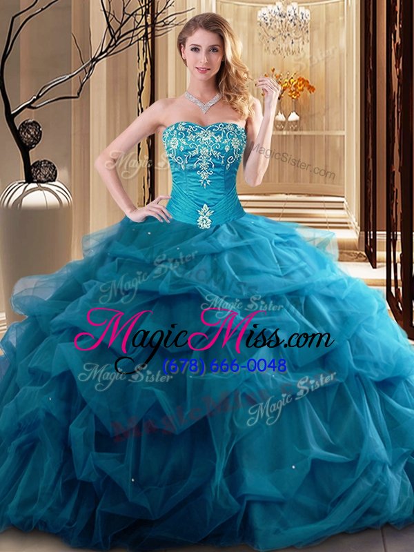 wholesale pretty teal ball gowns tulle sweetheart sleeveless embroidery and ruffles floor length lace up sweet 16 dress