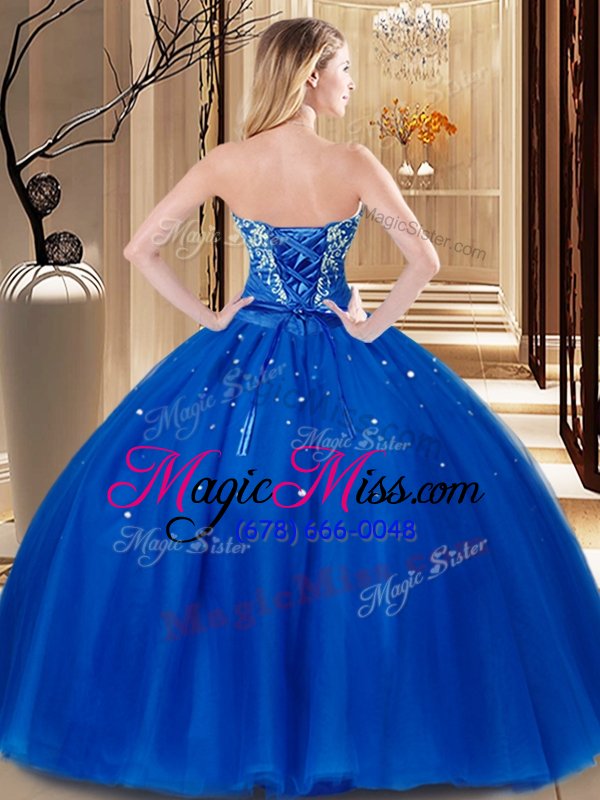 wholesale simple sleeveless floor length beading and embroidery lace up quinceanera dress with royal blue