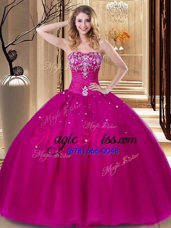 wholesale artistic fuchsia tulle lace up sweetheart sleeveless floor length sweet 16 dress beading and embroidery