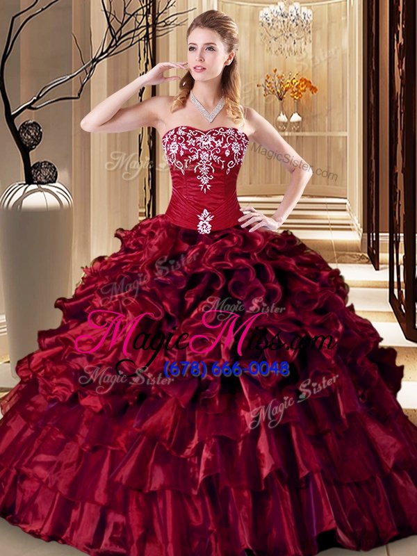 wholesale affordable wine red lace up quinceanera gowns embroidery and ruffles sleeveless floor length