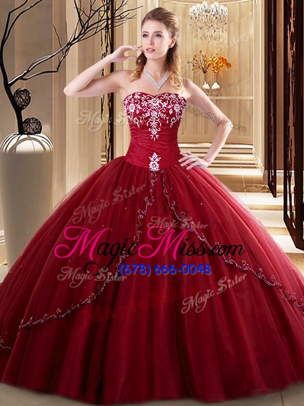 wholesale colorful wine red tulle lace up sweetheart sleeveless floor length vestidos de quinceanera embroidery