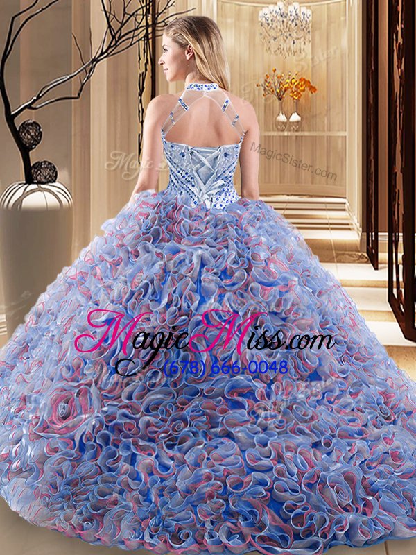 wholesale top selling halter top beading quince ball gowns multi-color lace up sleeveless with brush train
