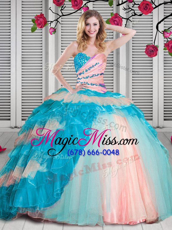 wholesale high end organza sleeveless floor length quinceanera dress and beading and ruching