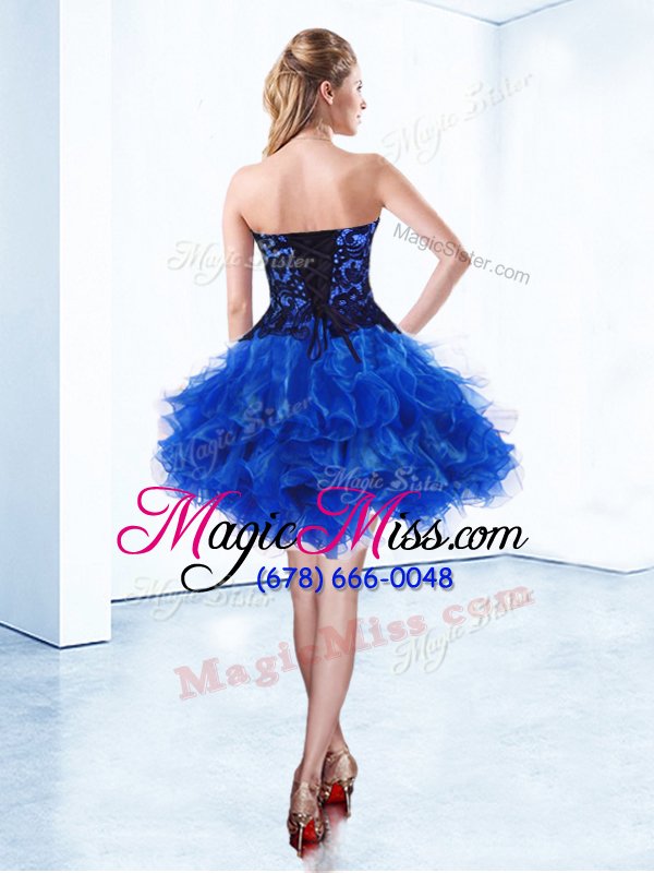 wholesale elegant royal blue organza lace up sweetheart sleeveless mini length cocktail dresses appliques and ruffles