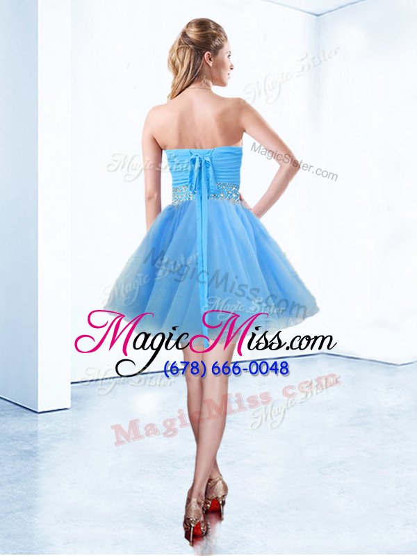 wholesale modest light blue lace up hoco dress beading and ruching sleeveless mini length