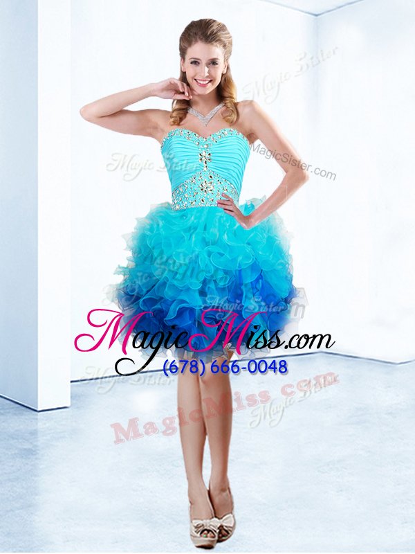 wholesale sophisticated blue organza lace up homecoming dress sleeveless knee length beading and ruffles and ruching