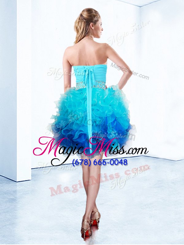 wholesale sophisticated blue organza lace up homecoming dress sleeveless knee length beading and ruffles and ruching