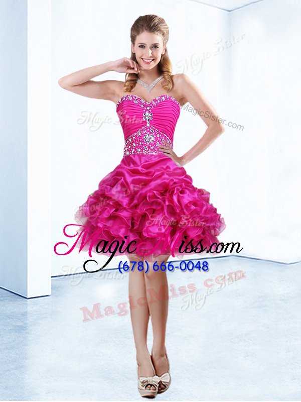 wholesale cute hot pink ball gowns beading and ruffles and pick ups juniors party dress lace up organza sleeveless mini length