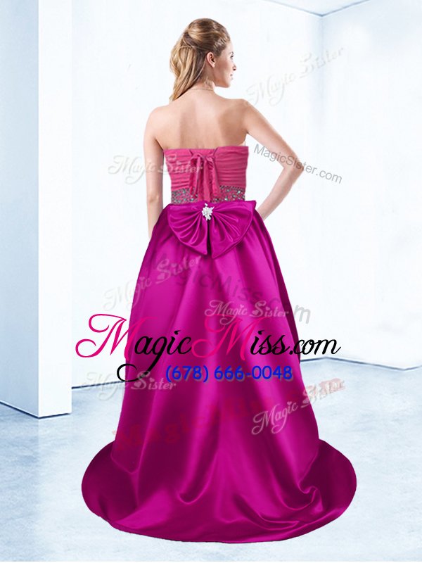 wholesale simple with train coral red pageant gowns satin brush train sleeveless beading and ruching