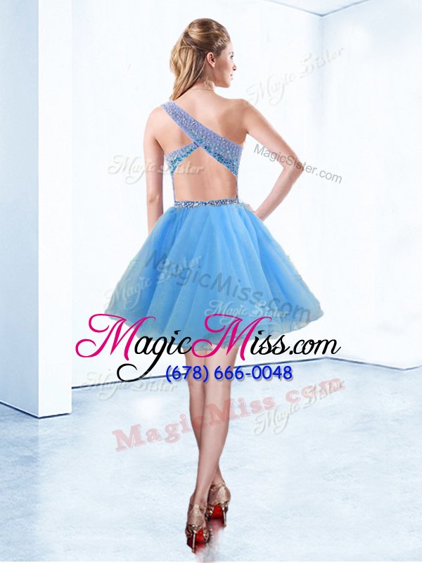 wholesale luxury one shoulder knee length a-line sleeveless baby blue prom homecoming dress criss cross