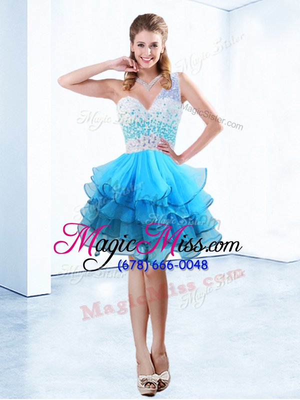 wholesale sexy one shoulder aqua blue criss cross prom gown beading and ruffled layers sleeveless knee length
