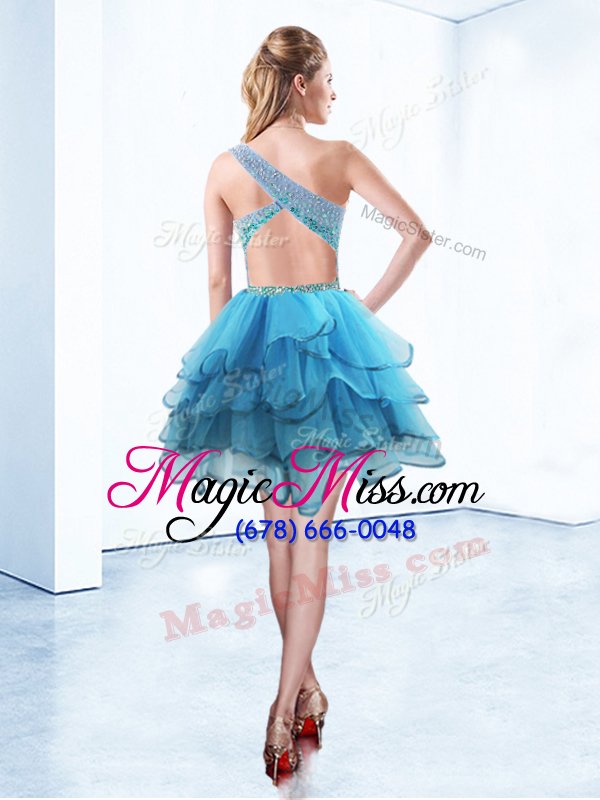 wholesale sexy one shoulder aqua blue criss cross prom gown beading and ruffled layers sleeveless knee length