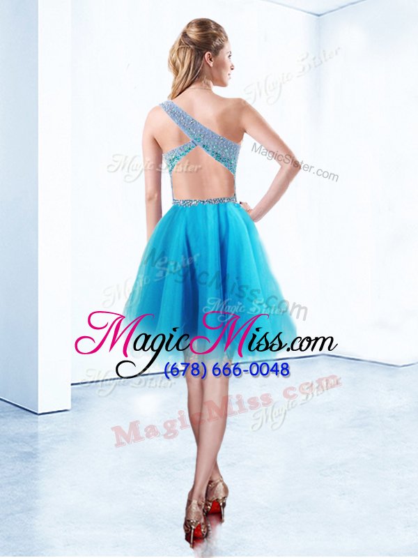 wholesale beautiful aqua blue a-line one shoulder sleeveless tulle knee length criss cross beading homecoming dress