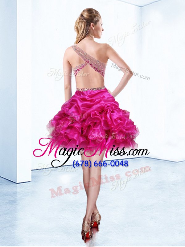 wholesale elegant fuchsia a-line one shoulder sleeveless organza knee length criss cross beading and ruffles and pick ups party dress wholesale