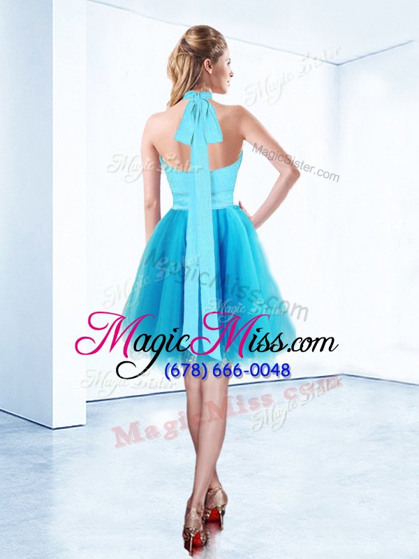 wholesale edgy halter top sleeveless organza knee length zipper prom homecoming dress in aqua blue for with ruching and belt