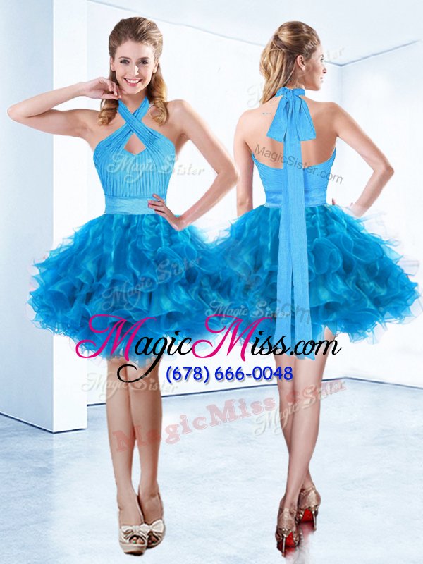 wholesale vintage baby blue ball gowns halter top sleeveless organza mini length zipper ruching and belt prom evening gown