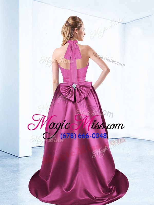wholesale traditional halter top high low zipper military ball dresses for women fuchsia and in for prom and party with ruching and bowknot and belt