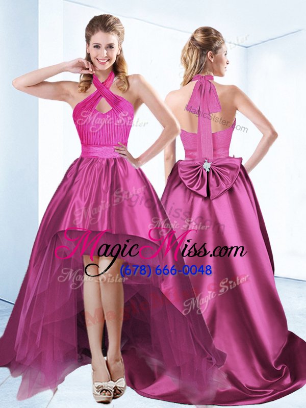 wholesale traditional halter top high low zipper military ball dresses for women fuchsia and in for prom and party with ruching and bowknot and belt