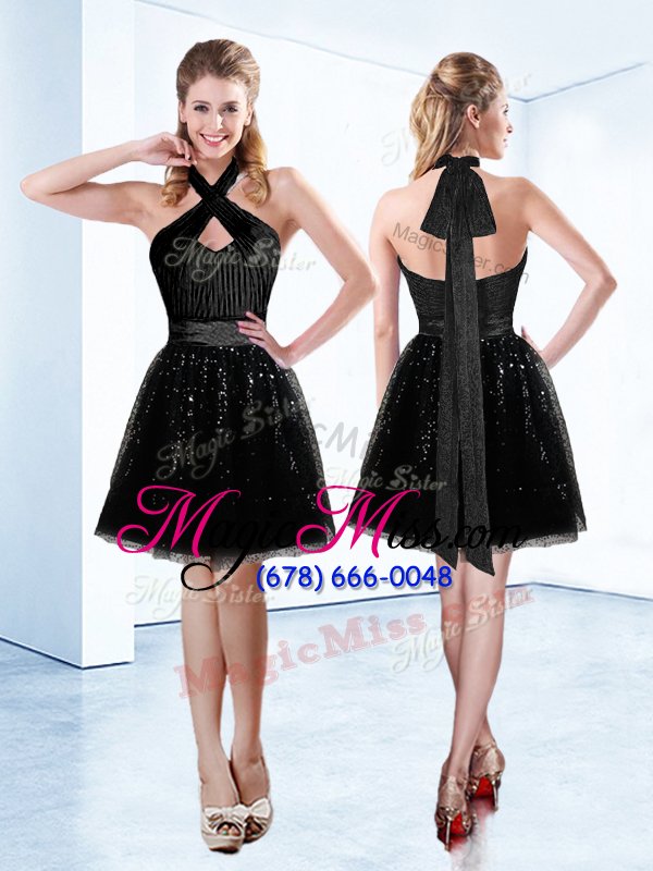 wholesale nice sequins halter top sleeveless zipper prom evening gown black tulle