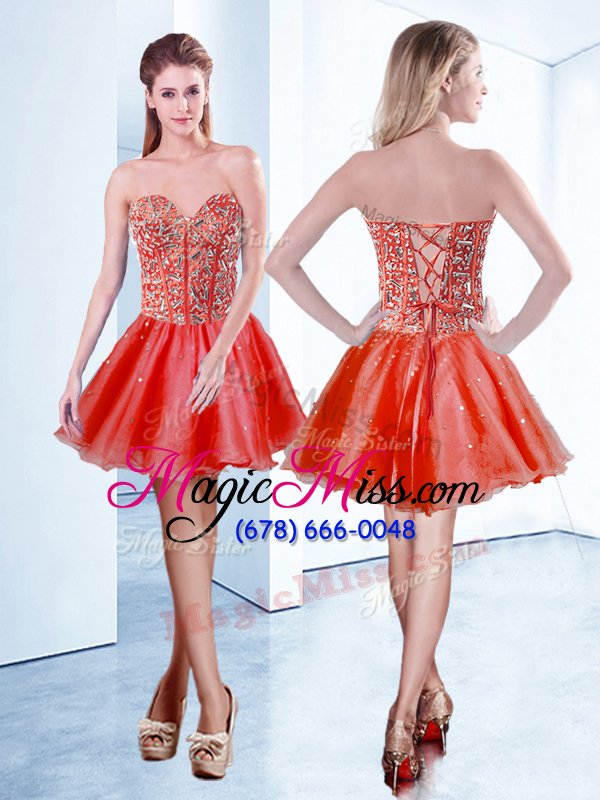 wholesale chic v-neck sleeveless prom party dress mini length beading watermelon red organza